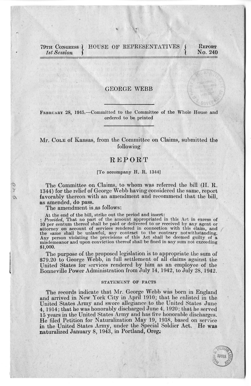 Memorandum from Frederick J. Bailey to M. C. Latta, H.R. 1344, For the Relief of George Webb, with Attachments