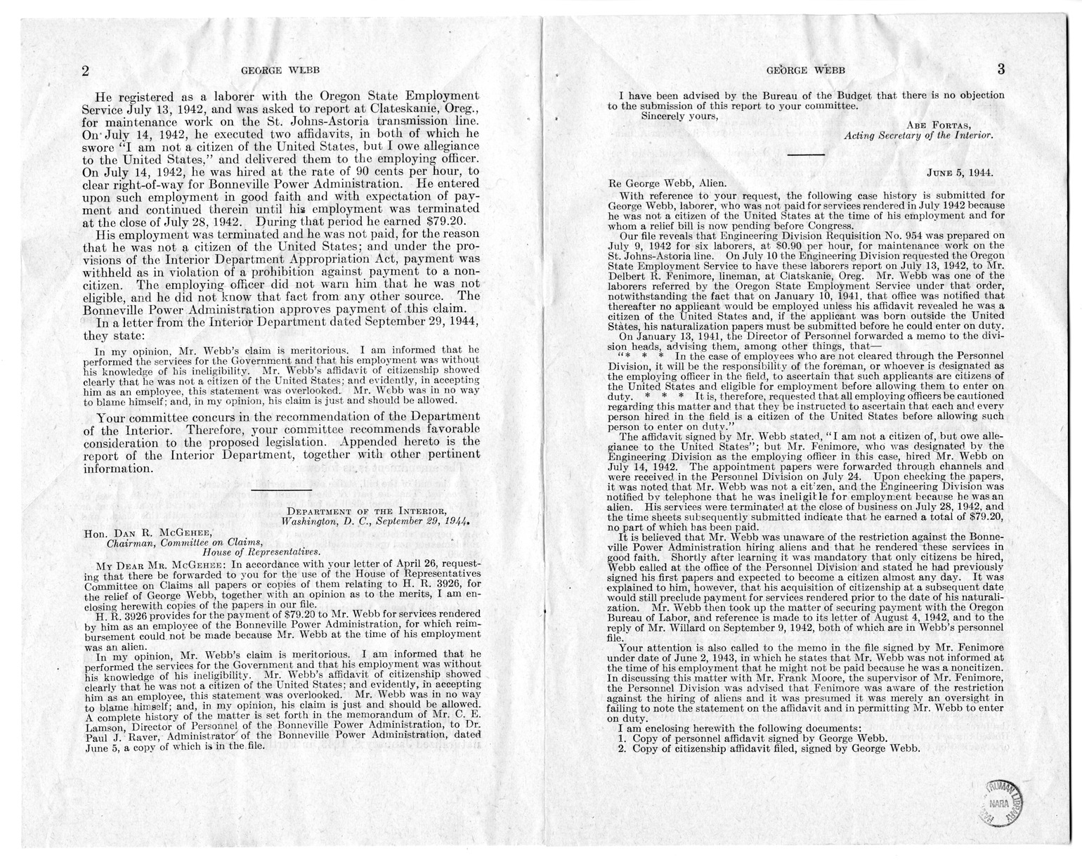 Memorandum from Frederick J. Bailey to M. C. Latta, H.R. 1344, For the Relief of George Webb, with Attachments