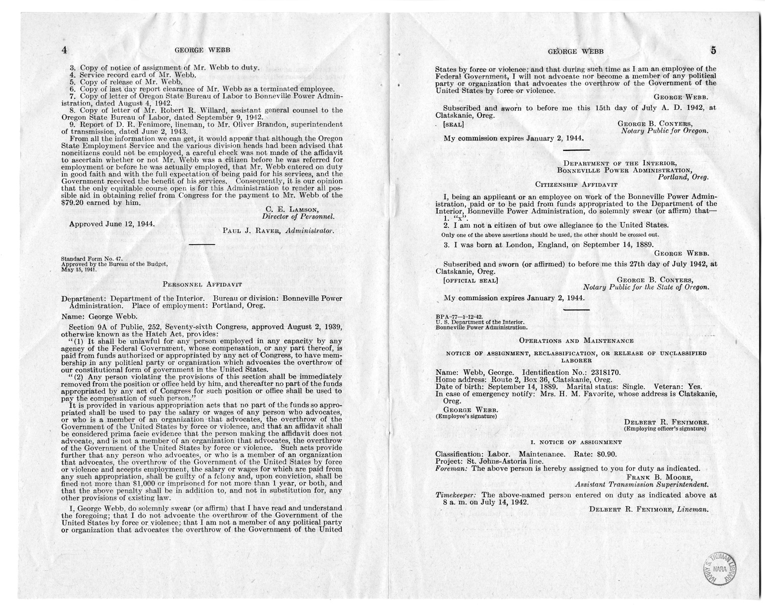 Memorandum from Frederick J. Bailey to M. C. Latta, H.R. 1344, For the Relief of George Webb, with Attachments