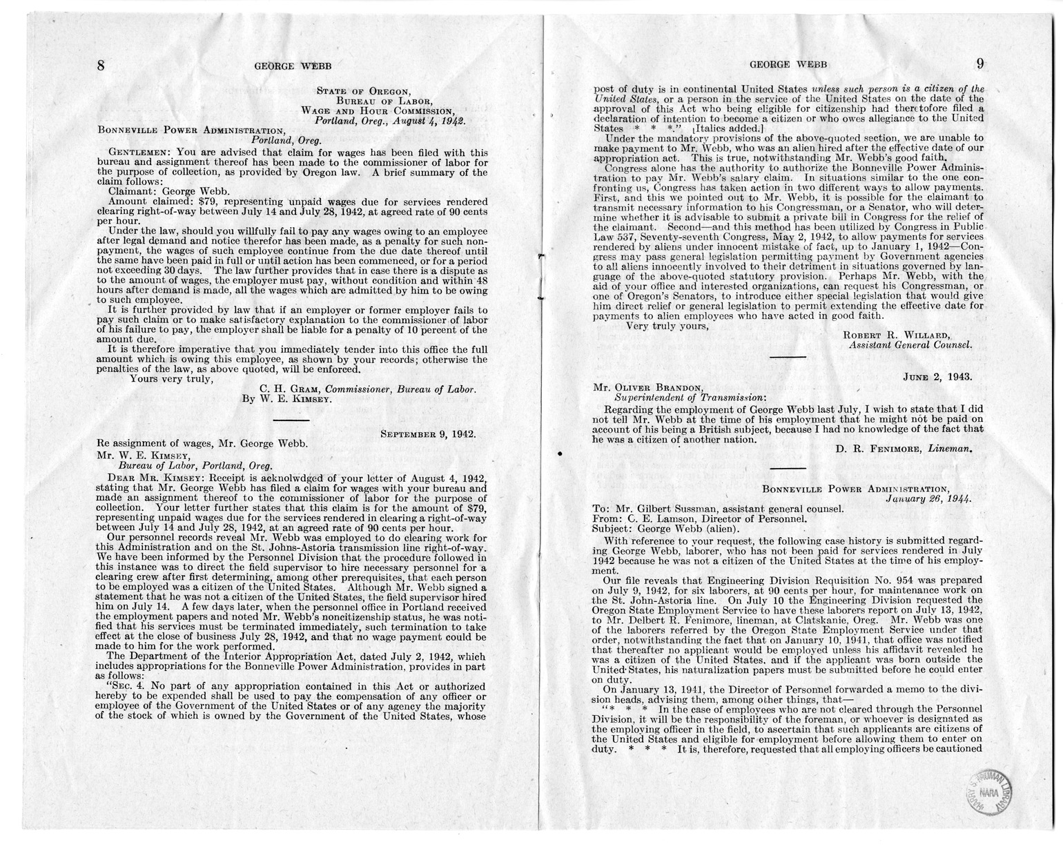 Memorandum from Frederick J. Bailey to M. C. Latta, H.R. 1344, For the Relief of George Webb, with Attachments