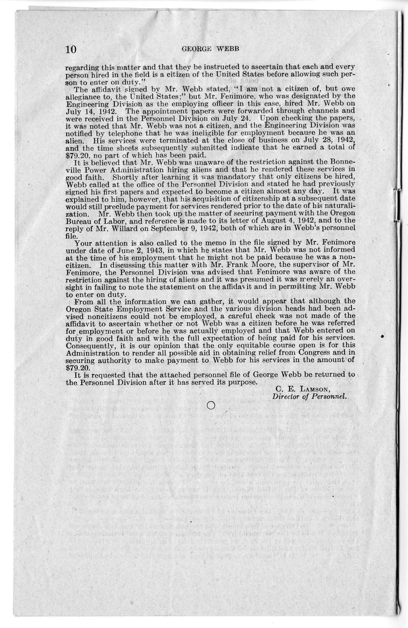 Memorandum from Frederick J. Bailey to M. C. Latta, H.R. 1344, For the Relief of George Webb, with Attachments