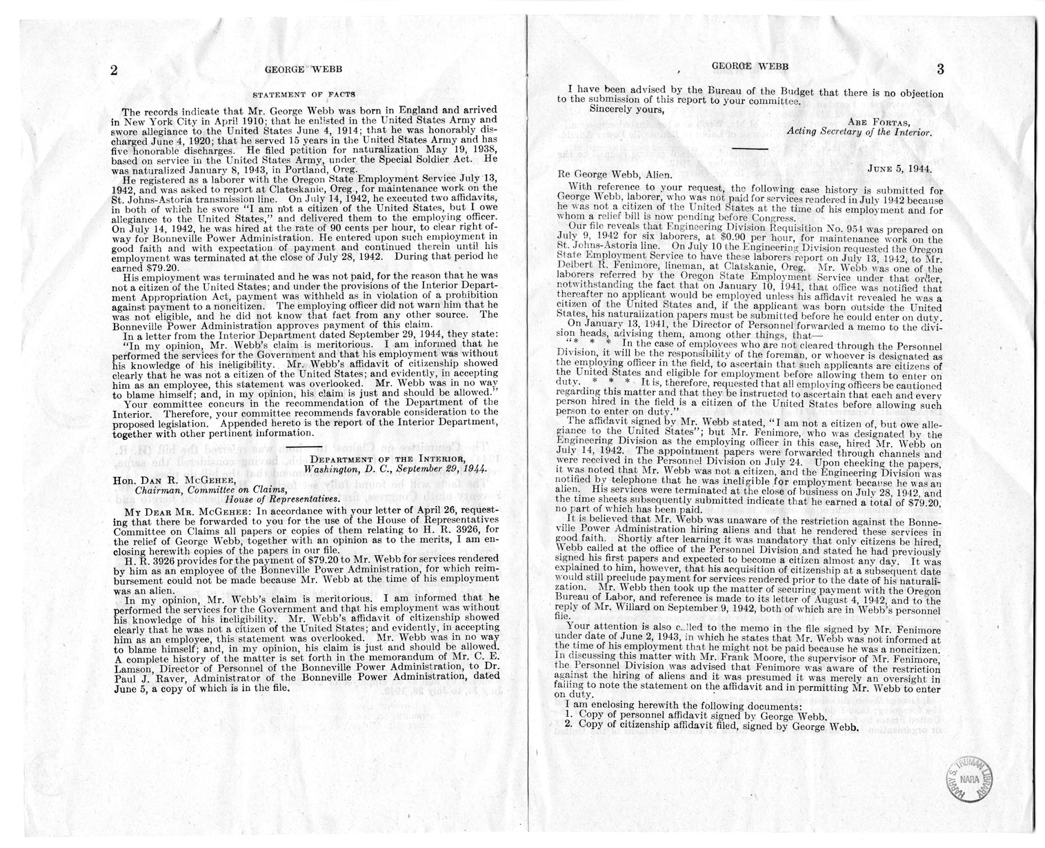 Memorandum from Frederick J. Bailey to M. C. Latta, H.R. 1344, For the Relief of George Webb, with Attachments