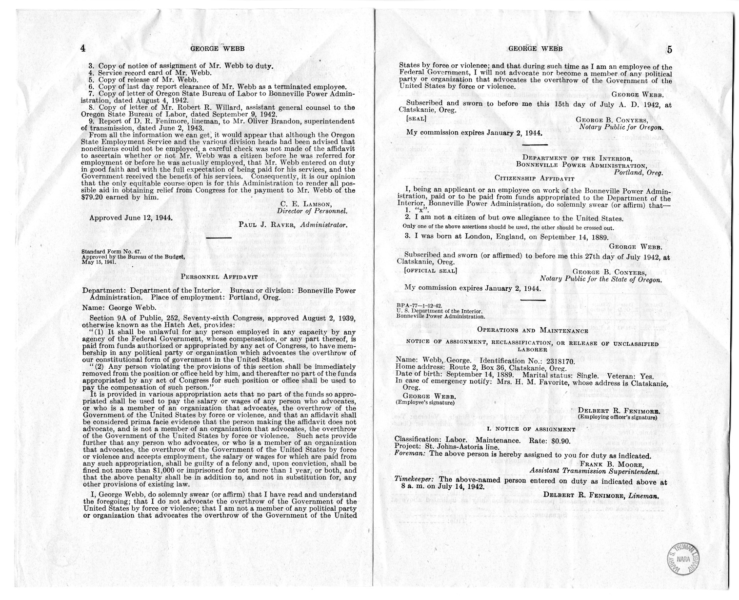 Memorandum from Frederick J. Bailey to M. C. Latta, H.R. 1344, For the Relief of George Webb, with Attachments