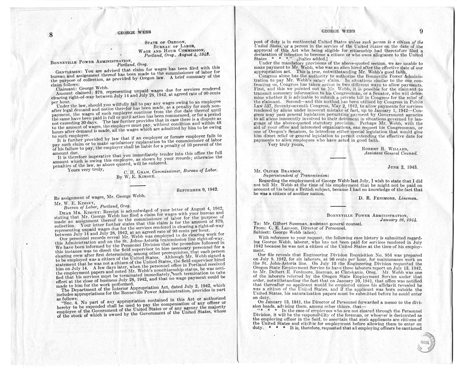 Memorandum from Frederick J. Bailey to M. C. Latta, H.R. 1344, For the Relief of George Webb, with Attachments