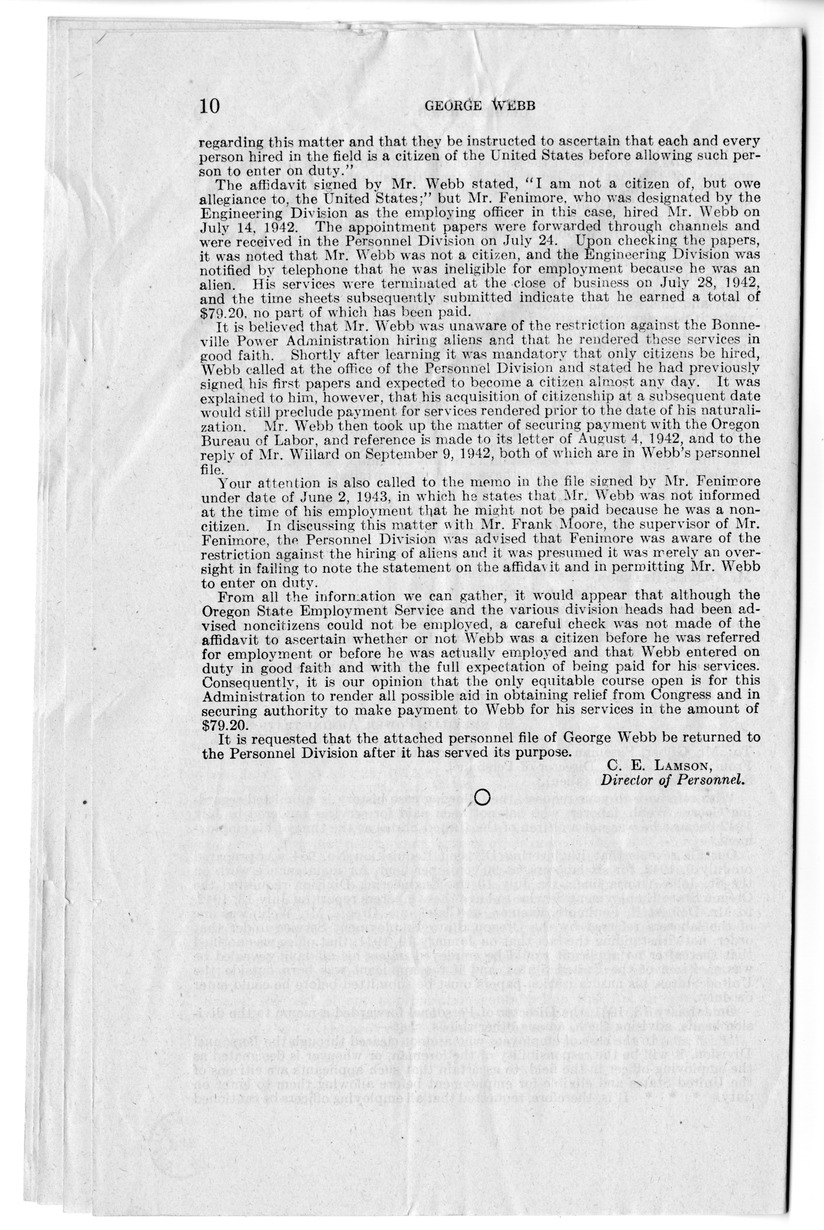 Memorandum from Frederick J. Bailey to M. C. Latta, H.R. 1344, For the Relief of George Webb, with Attachments