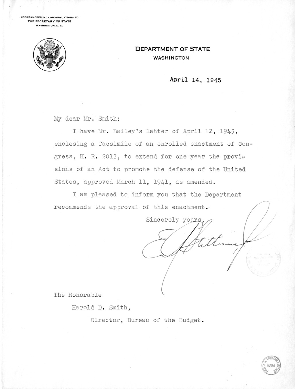 Memorandum from Harold D. Smith to M. C. Latta, H.R. 2013, To Extend for one Year the Provisions of an Act to Promote the Defense of the United States, Approved March 11,1941, as Amended, with Attachments