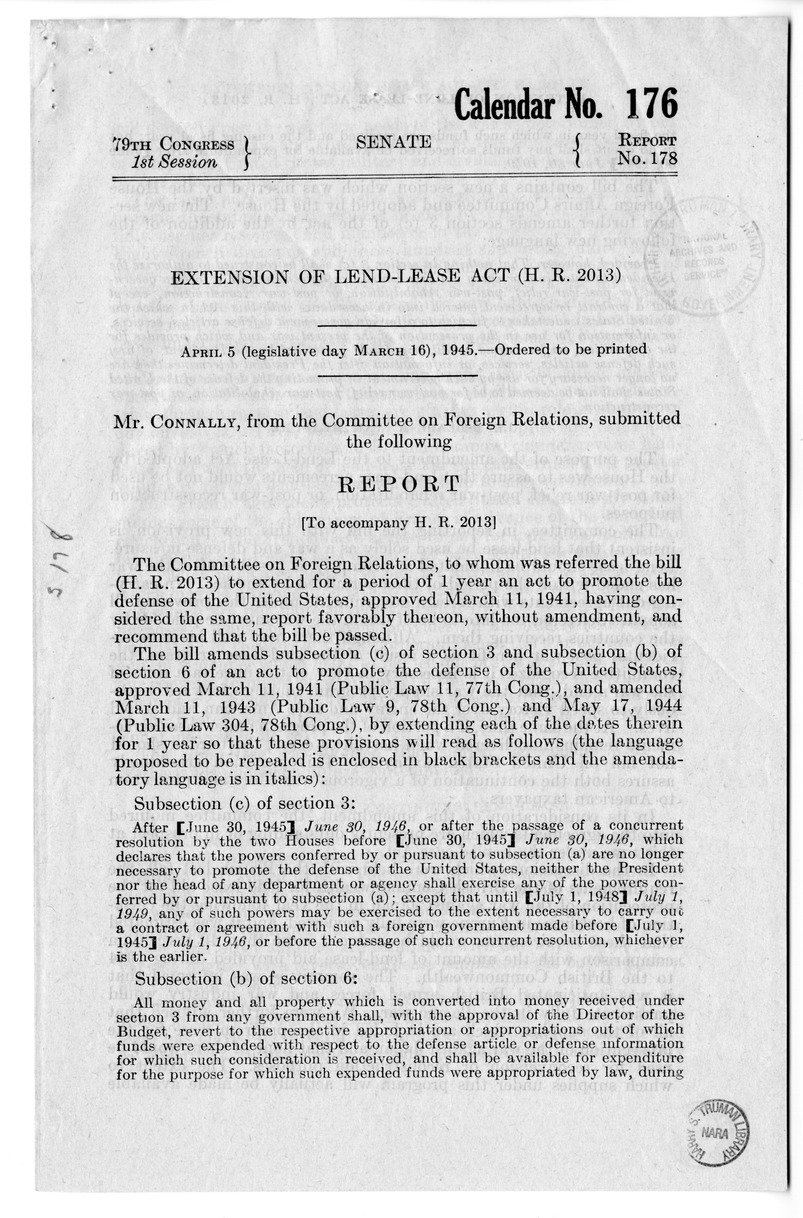 Memorandum from Harold D. Smith to M. C. Latta, H.R. 2013, To Extend for one Year the Provisions of an Act to Promote the Defense of the United States, Approved March 11,1941, as Amended, with Attachments