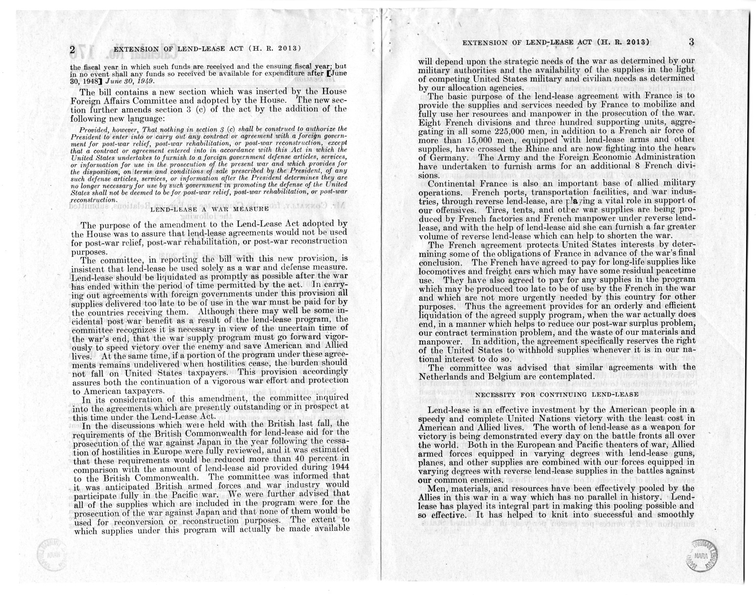 Memorandum from Harold D. Smith to M. C. Latta, H.R. 2013, To Extend for one Year the Provisions of an Act to Promote the Defense of the United States, Approved March 11,1941, as Amended, with Attachments