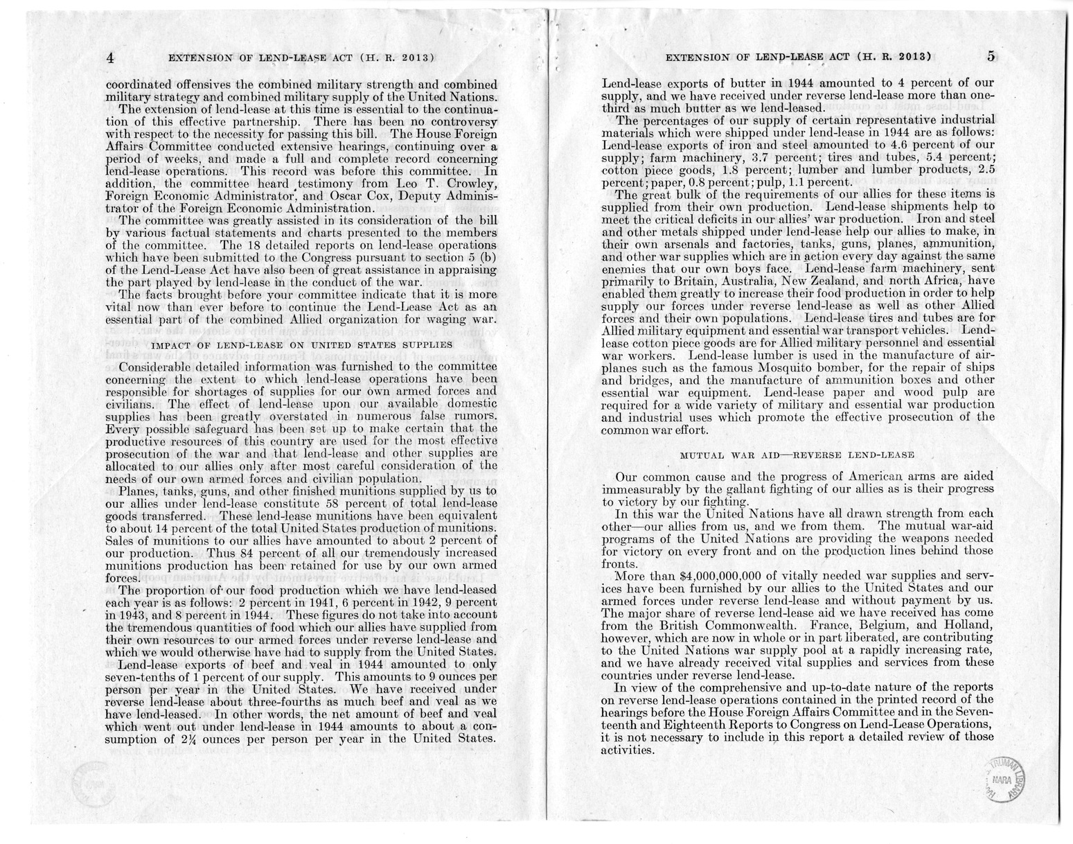 Memorandum from Harold D. Smith to M. C. Latta, H.R. 2013, To Extend for one Year the Provisions of an Act to Promote the Defense of the United States, Approved March 11,1941, as Amended, with Attachments