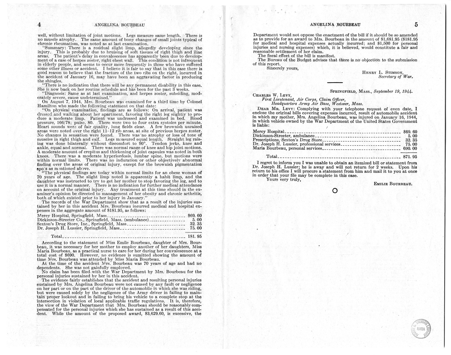 Memorandum from Frederick J. Bailey to M. C. Latta, H.R. 202, For the Relief of Angelina Bourbeau, with Attachments