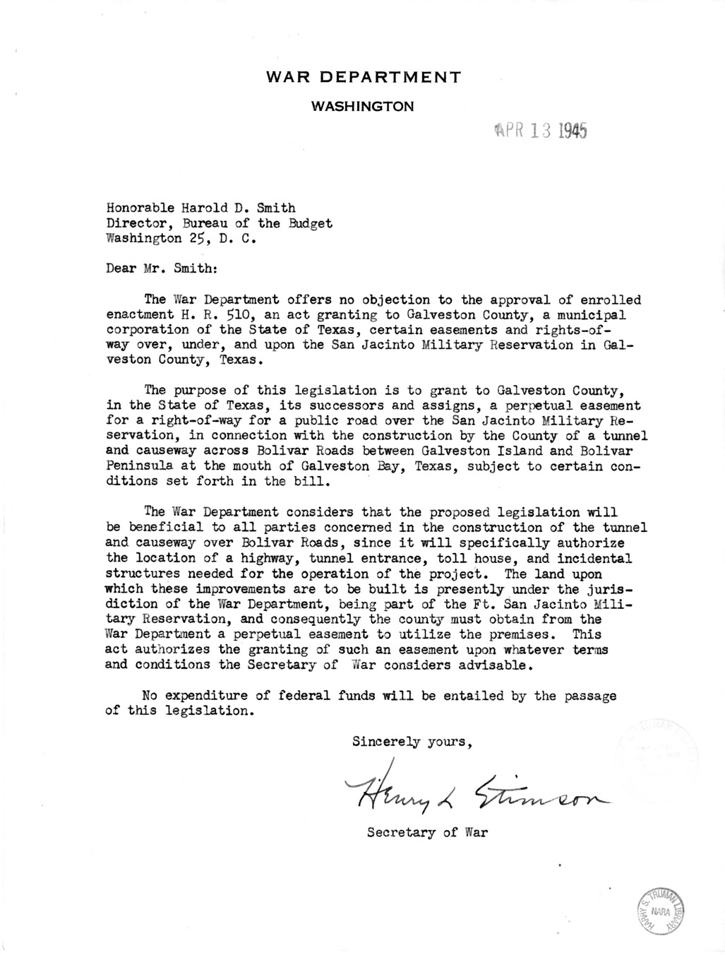 Memorandum from Frederick J. Bailey to M. C. Latta, H. R. 510, Granting to Galveston County, Texas, Certain Easements and Rights-of-way Upon the San Jancinto Military Reservation, with Attachments