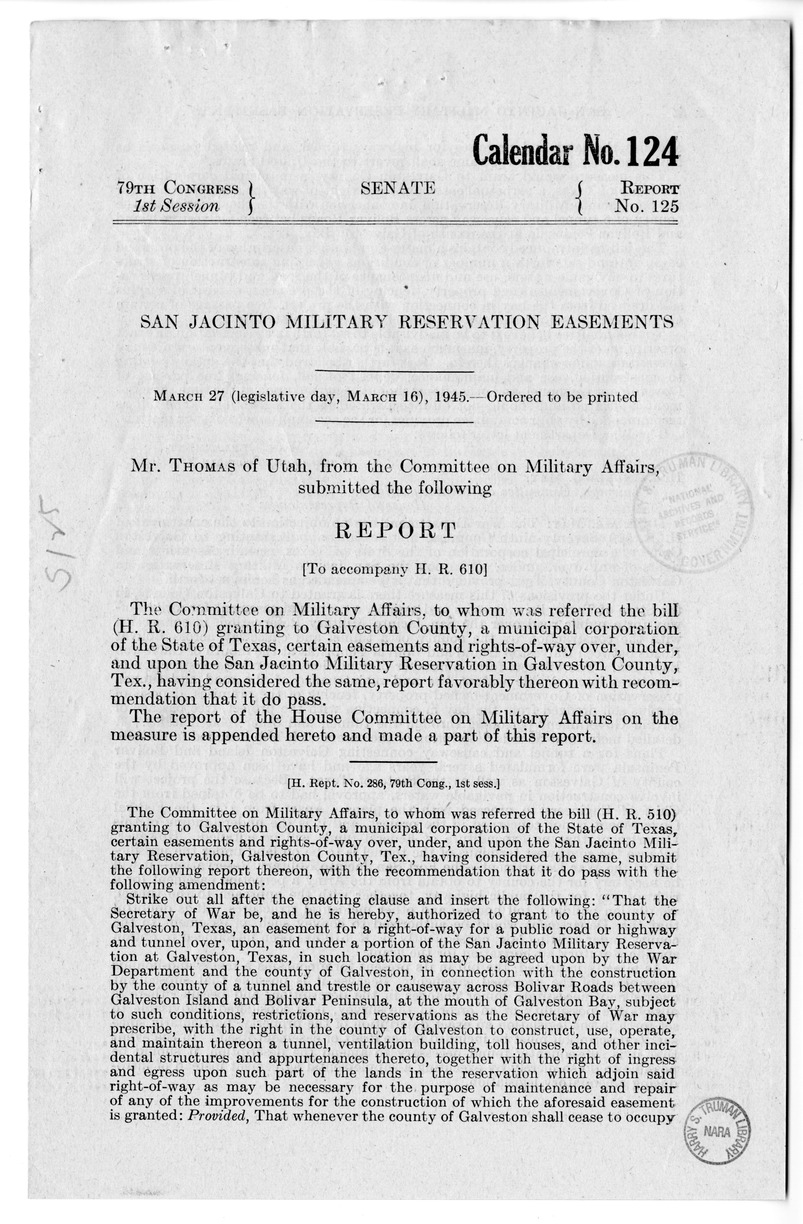 Memorandum from Frederick J. Bailey to M. C. Latta, H. R. 510, Granting to Galveston County, Texas, Certain Easements and Rights-of-way Upon the San Jancinto Military Reservation, with Attachments