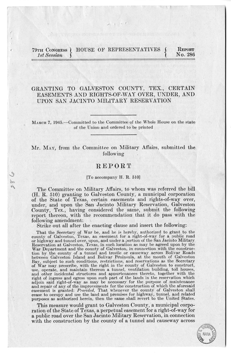 Memorandum from Frederick J. Bailey to M. C. Latta, H. R. 510, Granting to Galveston County, Texas, Certain Easements and Rights-of-way Upon the San Jancinto Military Reservation, with Attachments