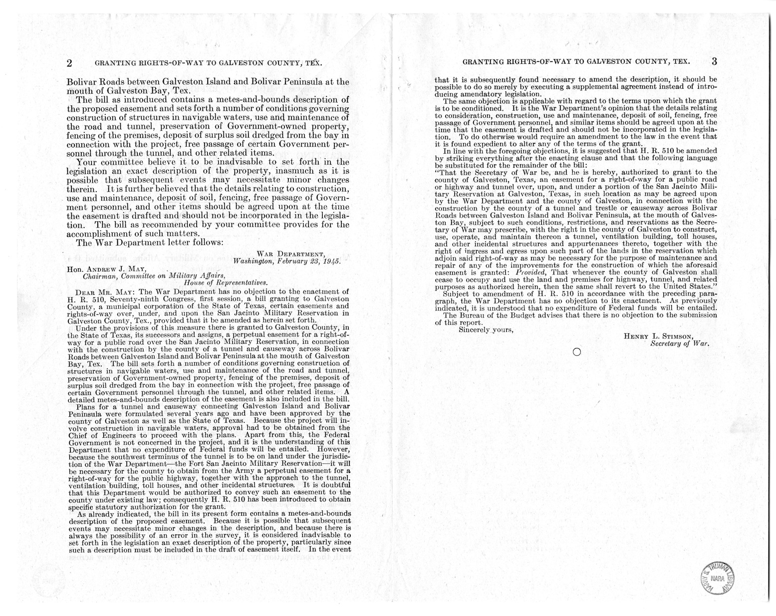 Memorandum from Frederick J. Bailey to M. C. Latta, H. R. 510, Granting to Galveston County, Texas, Certain Easements and Rights-of-way Upon the San Jancinto Military Reservation, with Attachments