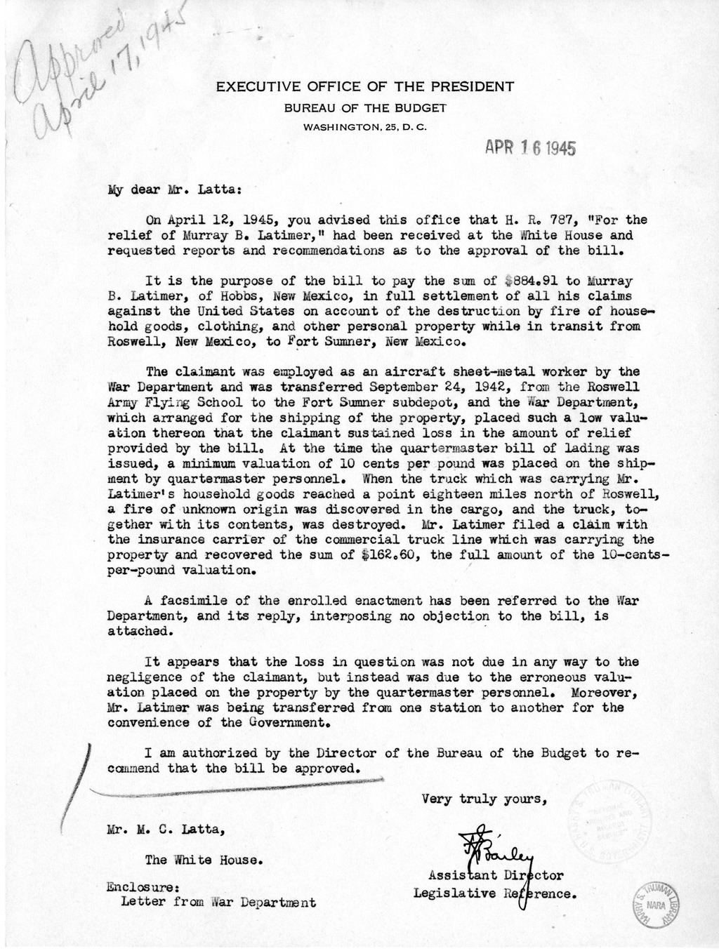 Memorandum from Frederick J. Bailey to M. C. Latta, H. R. 787, For the Relief of Murray B. Latimer, with Attachments