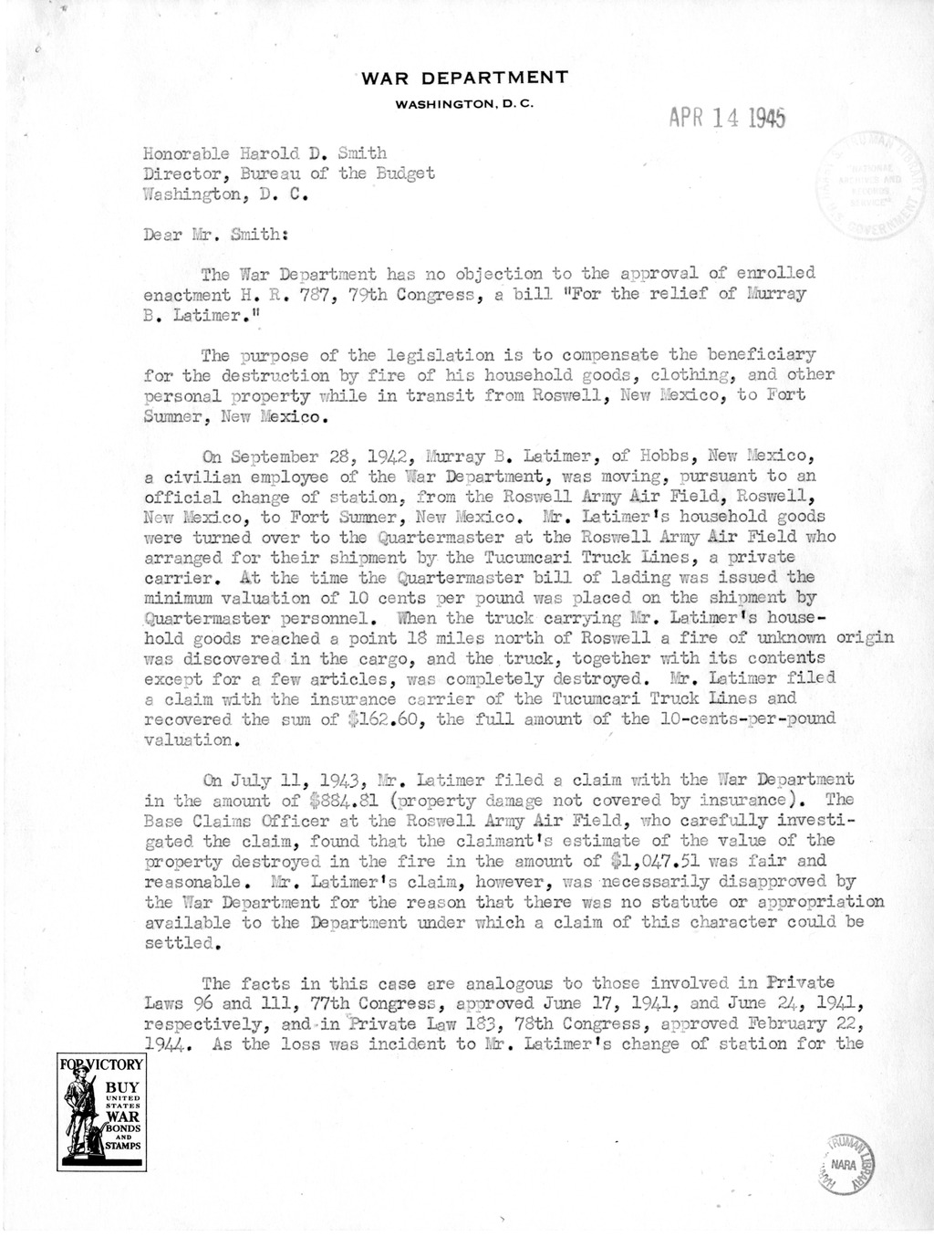 Memorandum from Frederick J. Bailey to M. C. Latta, H. R. 787, For the Relief of Murray B. Latimer, with Attachments