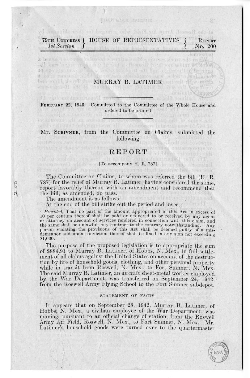 Memorandum from Frederick J. Bailey to M. C. Latta, H. R. 787, For the Relief of Murray B. Latimer, with Attachments