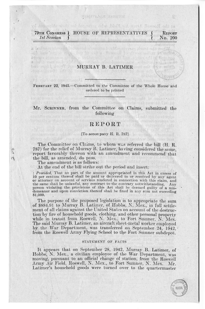 Memorandum from Frederick J. Bailey to M. C. Latta, H. R. 787, For the Relief of Murray B. Latimer, with Attachments