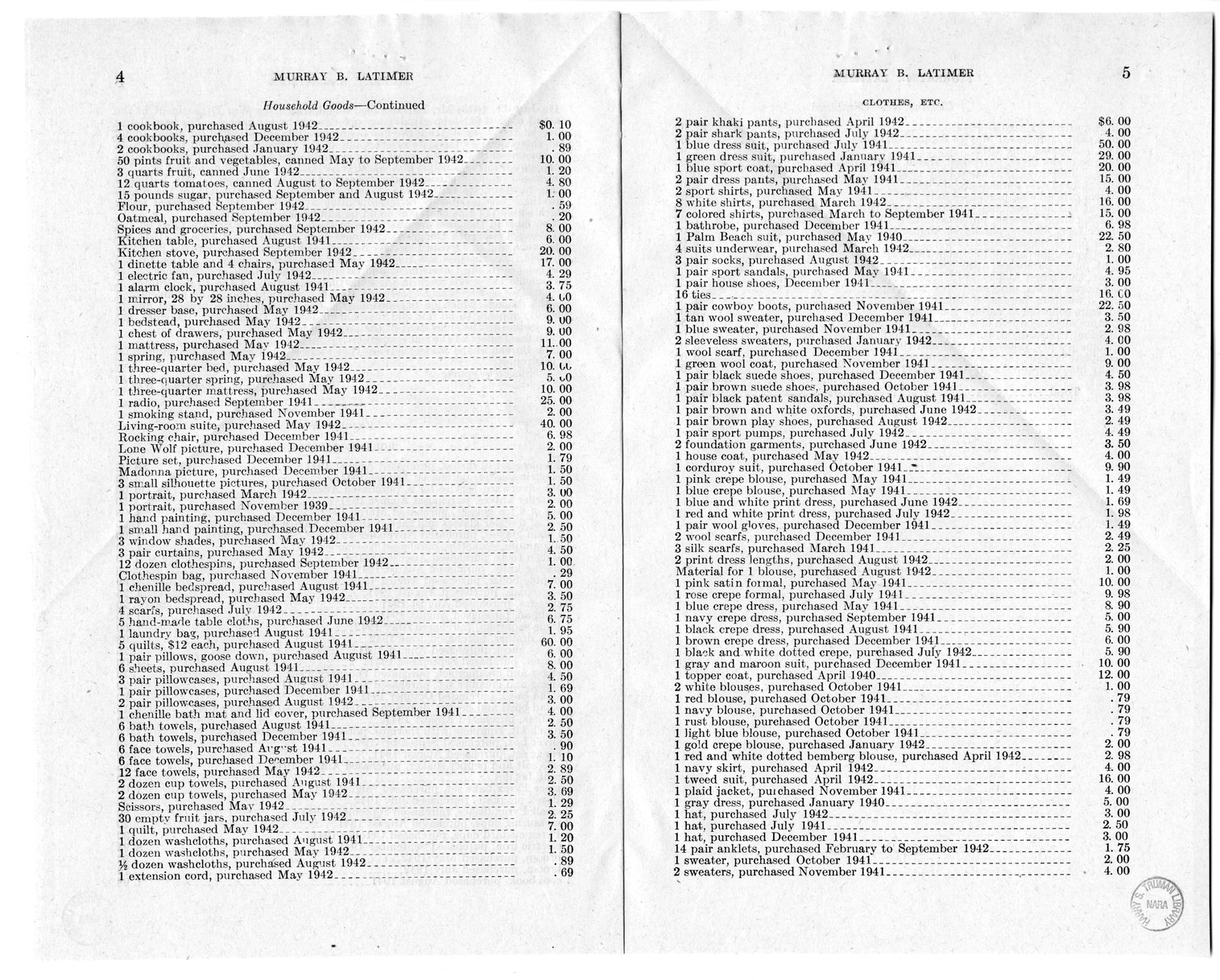 Memorandum from Frederick J. Bailey to M. C. Latta, H. R. 787, For the Relief of Murray B. Latimer, with Attachments