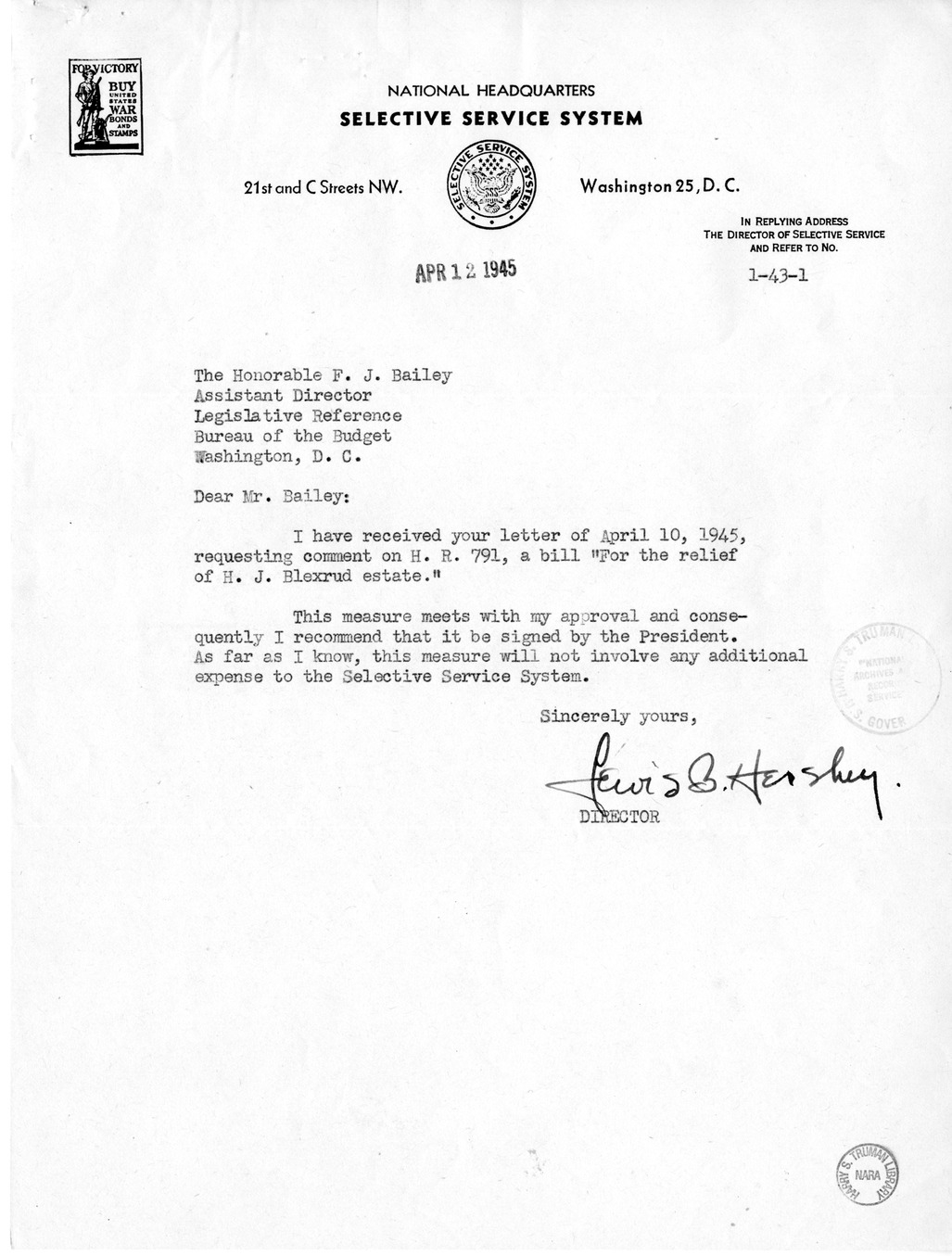 Memorandum from Frederick J. Bailey to M. C. Latta, H. R. 791, for the Relief of H. J. Blexrud Estate, with Attachments
