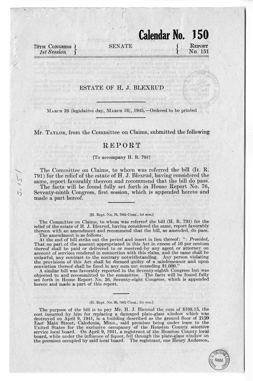 Memorandum from Frederick J. Bailey to M. C. Latta, H. R. 791, for the Relief of H. J. Blexrud Estate, with Attachments