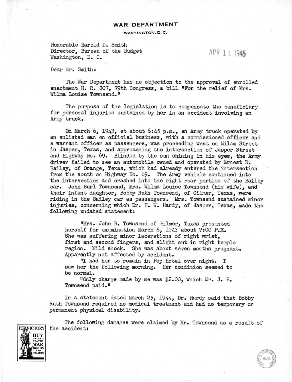 Memorandum from Frederick J. Bailey to M. C. Latta, H.R. 807, For the Relief of Mrs. Wilma Louise Townsend, with Attachments