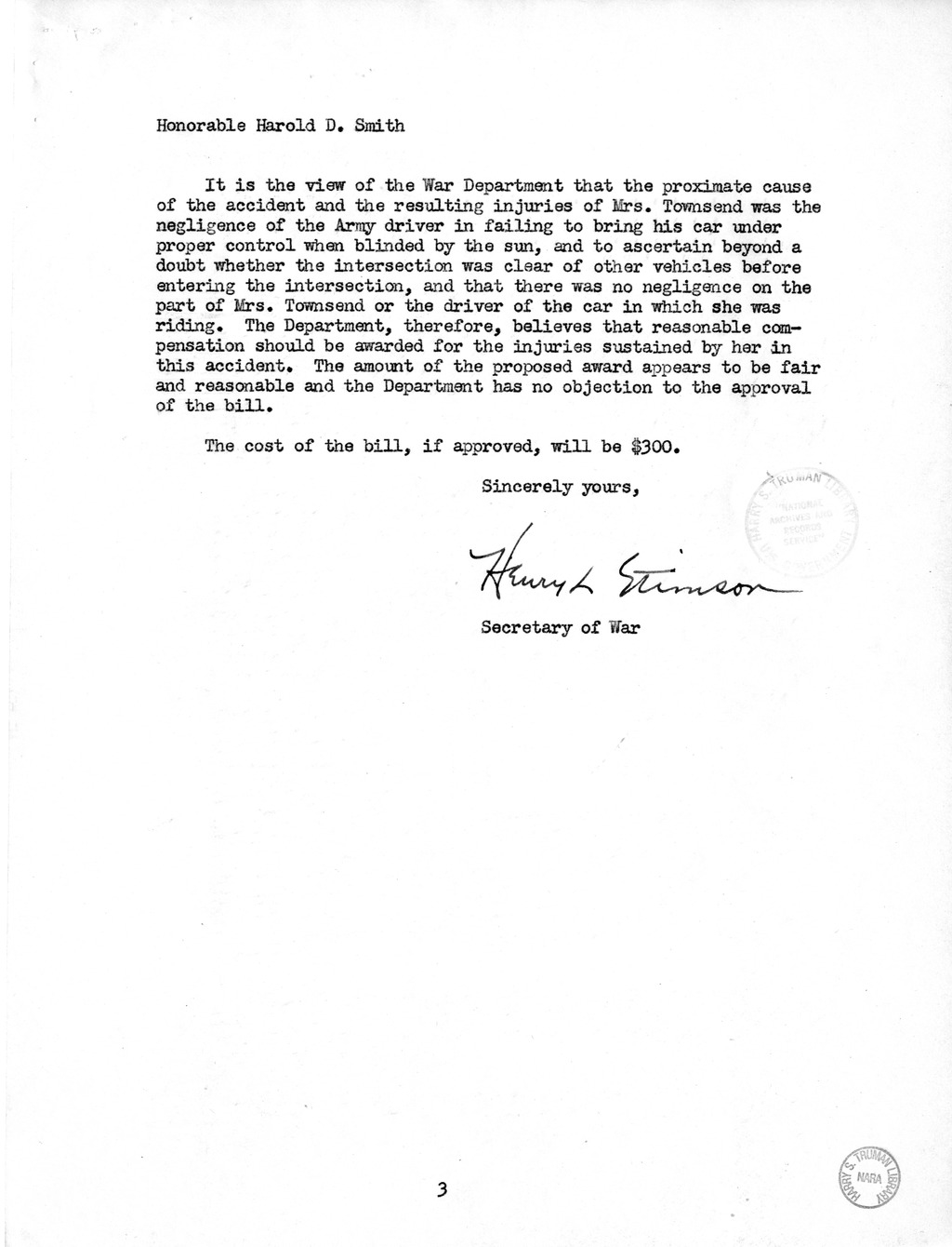 Memorandum from Frederick J. Bailey to M. C. Latta, H.R. 807, For the Relief of Mrs. Wilma Louise Townsend, with Attachments