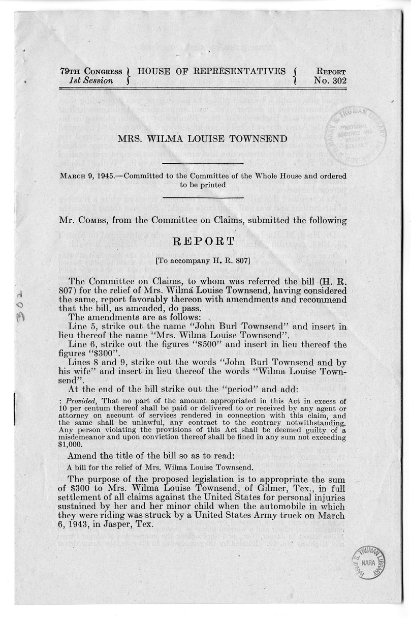Memorandum from Frederick J. Bailey to M. C. Latta, H.R. 807, For the Relief of Mrs. Wilma Louise Townsend, with Attachments