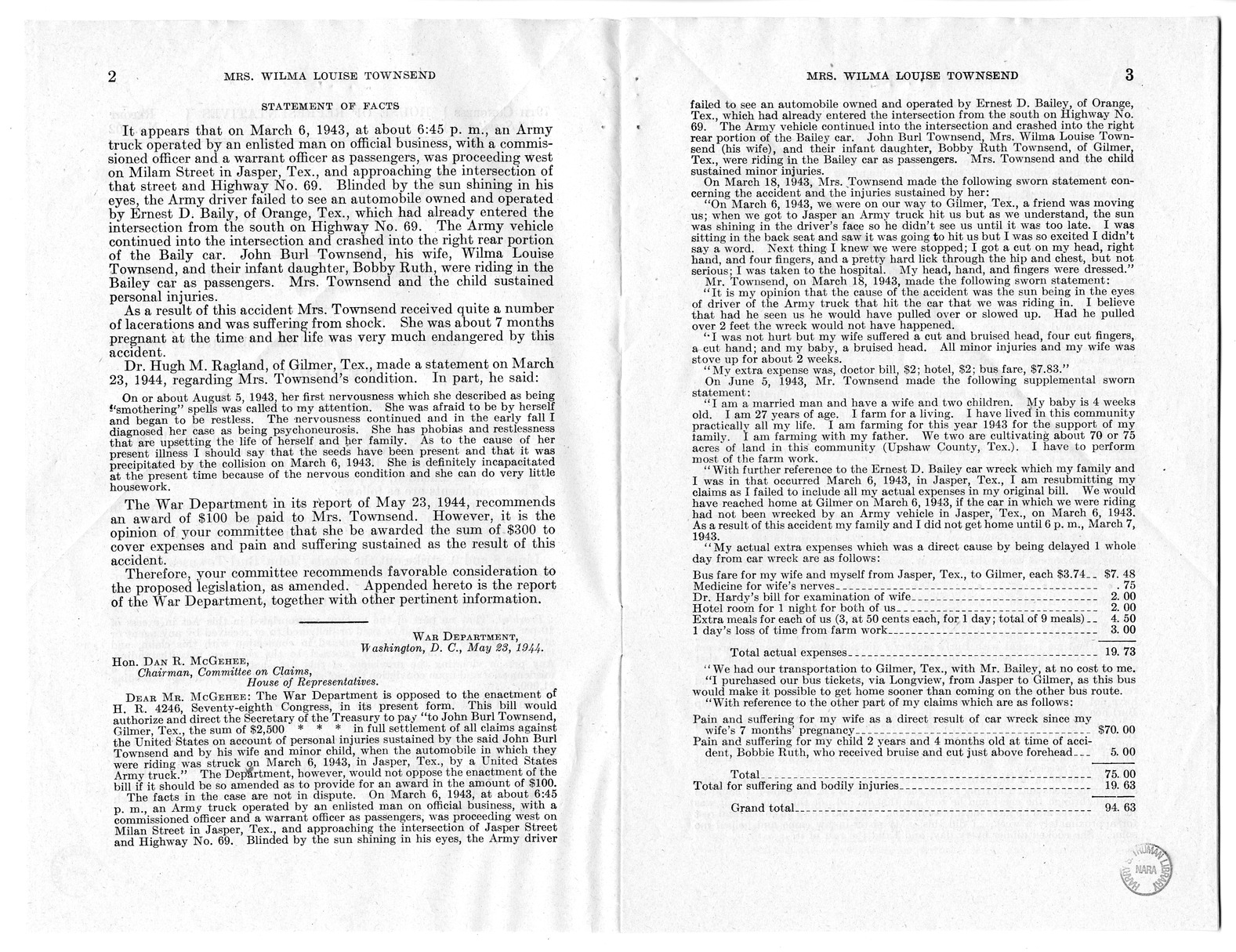 Memorandum from Frederick J. Bailey to M. C. Latta, H.R. 807, For the Relief of Mrs. Wilma Louise Townsend, with Attachments