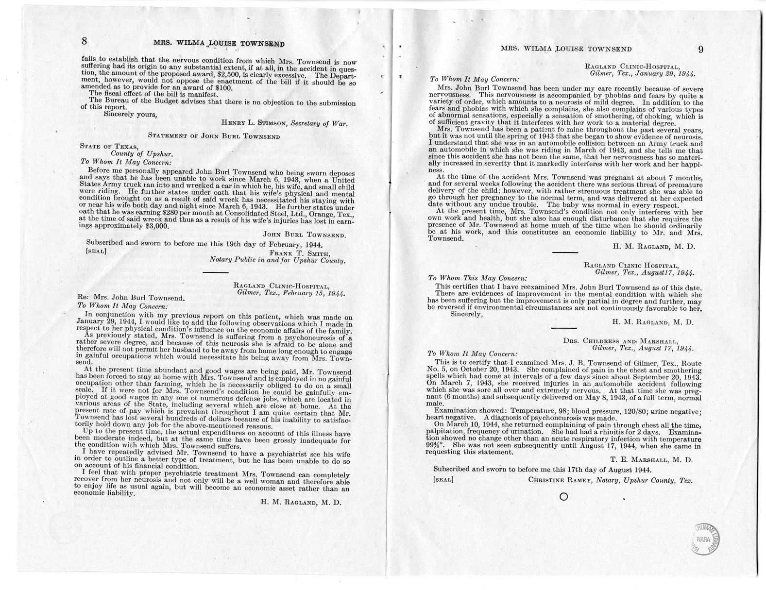 Memorandum from Frederick J. Bailey to M. C. Latta, H.R. 807, For the Relief of Mrs. Wilma Louise Townsend, with Attachments