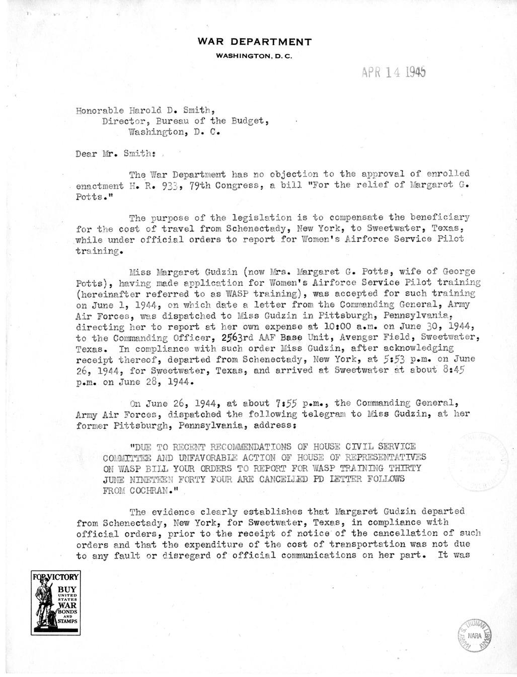 Memorandum from Frederick J. Bailey to M. C. Latta, H.R. 933, For the Relief of Margaret G. Potts, with Attachments
