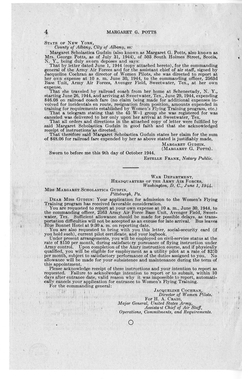 Memorandum from Frederick J. Bailey to M. C. Latta, H.R. 933, For the Relief of Margaret G. Potts, with Attachments