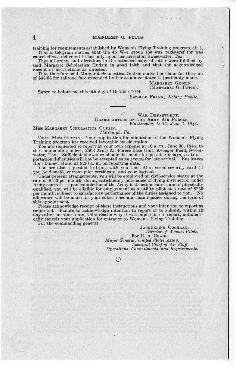 Memorandum from Frederick J. Bailey to M. C. Latta, H.R. 933, For the Relief of Margaret G. Potts, with Attachments