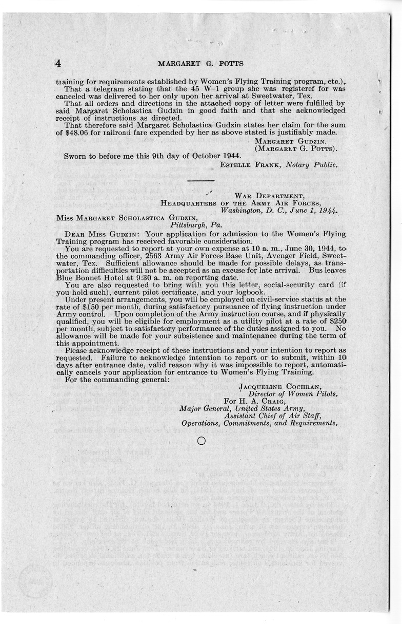 Memorandum from Frederick J. Bailey to M. C. Latta, H.R. 933, For the Relief of Margaret G. Potts, with Attachments