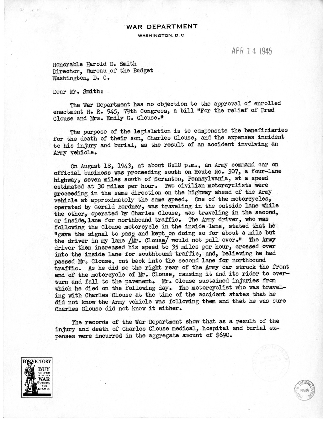 Memorandum from Frederick J. Bailey to M. C. Latta, H.R. 945, For the Relief of Fred Clouse and Mrs. Emily G. Clouse, with Attachments