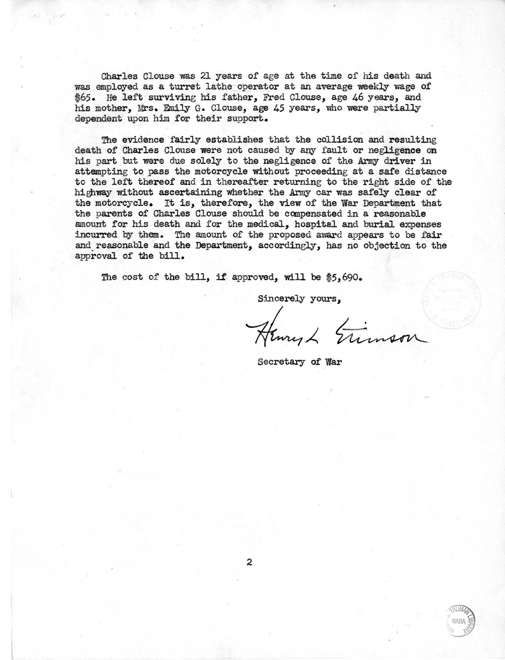 Memorandum from Frederick J. Bailey to M. C. Latta, H.R. 945, For the Relief of Fred Clouse and Mrs. Emily G. Clouse, with Attachments