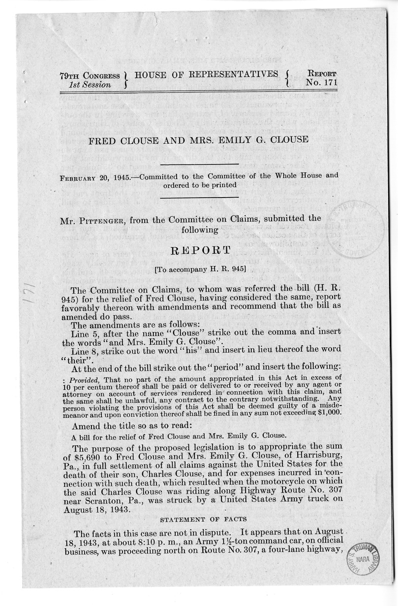 Memorandum from Frederick J. Bailey to M. C. Latta, H.R. 945, For the Relief of Fred Clouse and Mrs. Emily G. Clouse, with Attachments