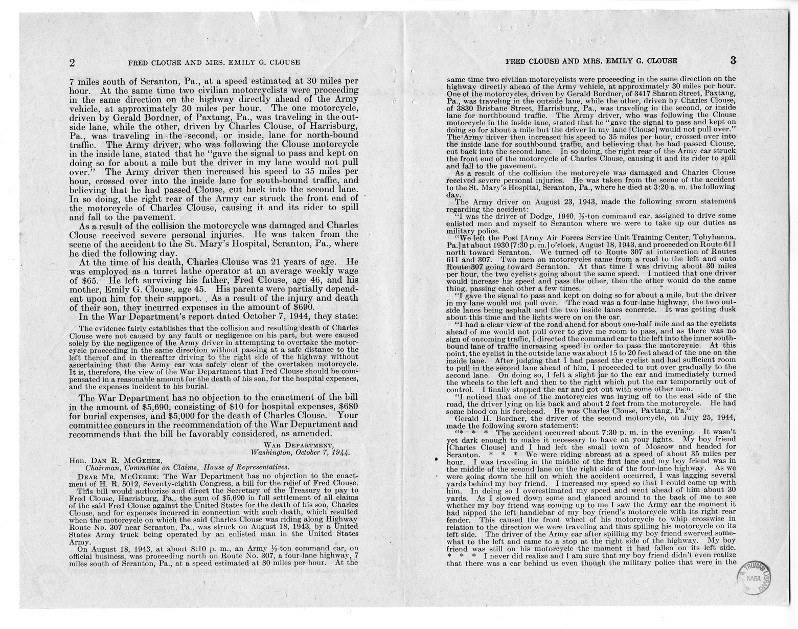 Memorandum from Frederick J. Bailey to M. C. Latta, H.R. 945, For the Relief of Fred Clouse and Mrs. Emily G. Clouse, with Attachments