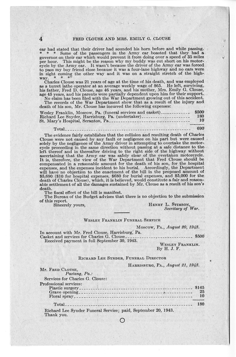 Memorandum from Frederick J. Bailey to M. C. Latta, H.R. 945, For the Relief of Fred Clouse and Mrs. Emily G. Clouse, with Attachments