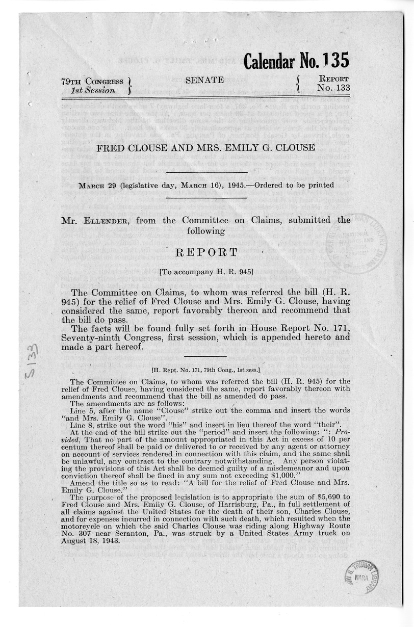 Memorandum from Frederick J. Bailey to M. C. Latta, H.R. 945, For the Relief of Fred Clouse and Mrs. Emily G. Clouse, with Attachments