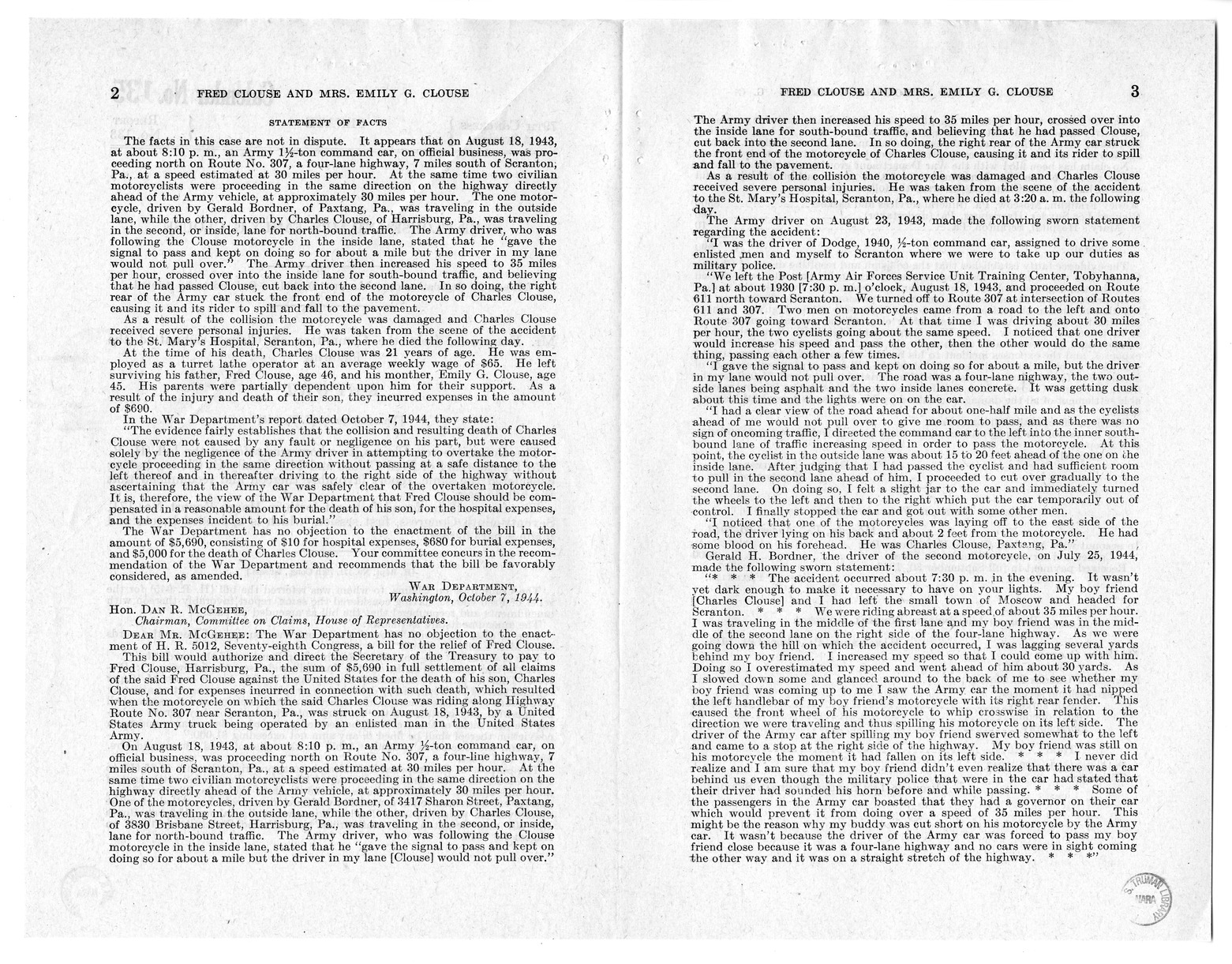 Memorandum from Frederick J. Bailey to M. C. Latta, H.R. 945, For the Relief of Fred Clouse and Mrs. Emily G. Clouse, with Attachments