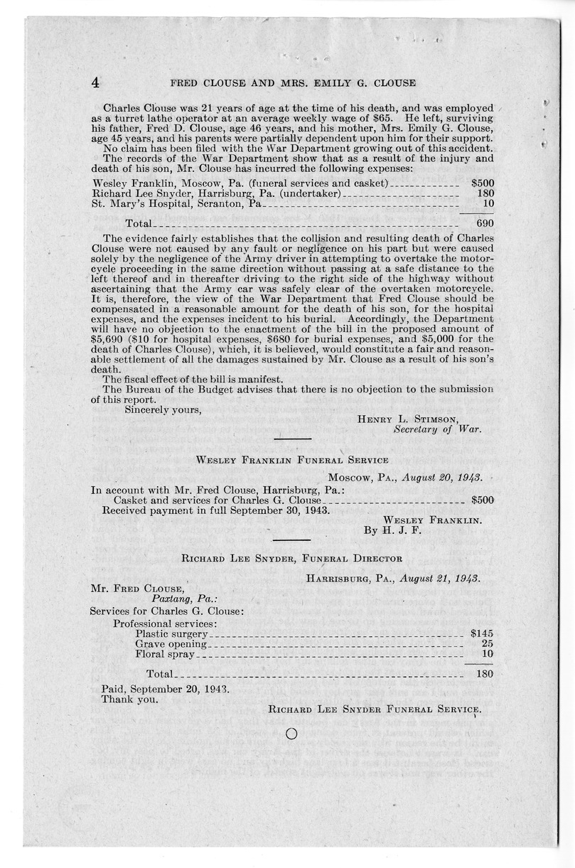 Memorandum from Frederick J. Bailey to M. C. Latta, H.R. 945, For the Relief of Fred Clouse and Mrs. Emily G. Clouse, with Attachments