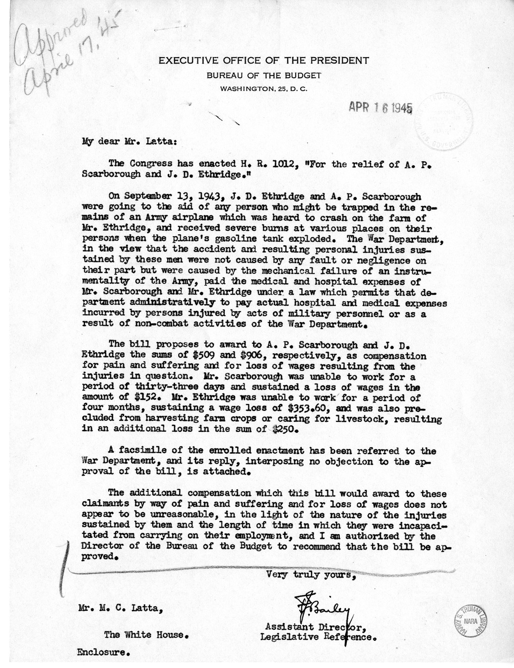 Memorandum from Frederick J. Bailey to M. C. Latta, H.R. 1012, For the Relief of A. P. Scarborough and J. D. Ethridge, with Attachments