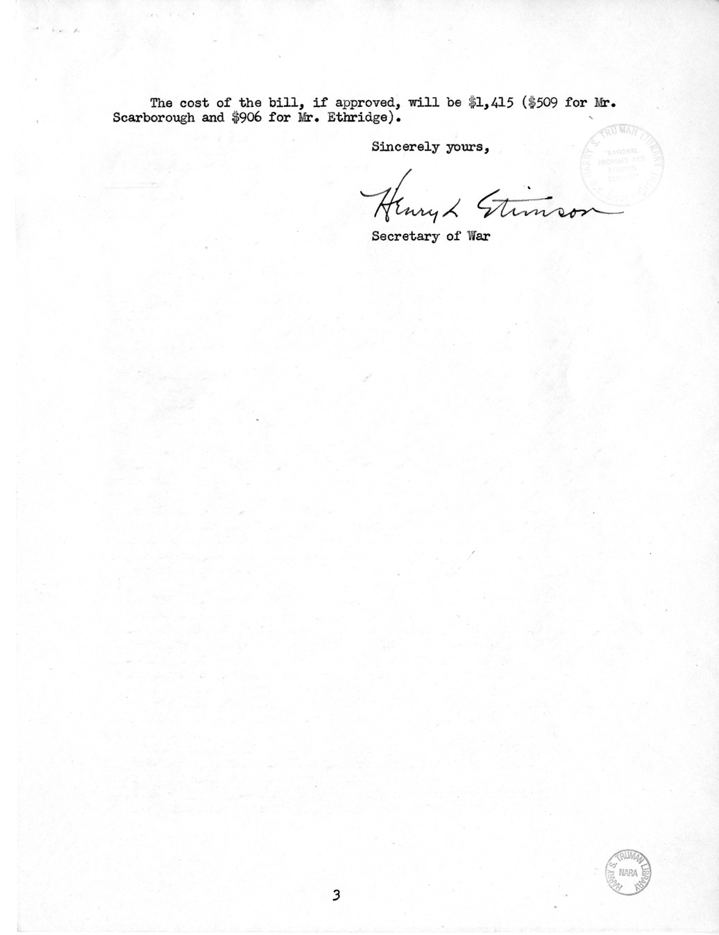 Memorandum from Frederick J. Bailey to M. C. Latta, H.R. 1012, For the Relief of A. P. Scarborough and J. D. Ethridge, with Attachments