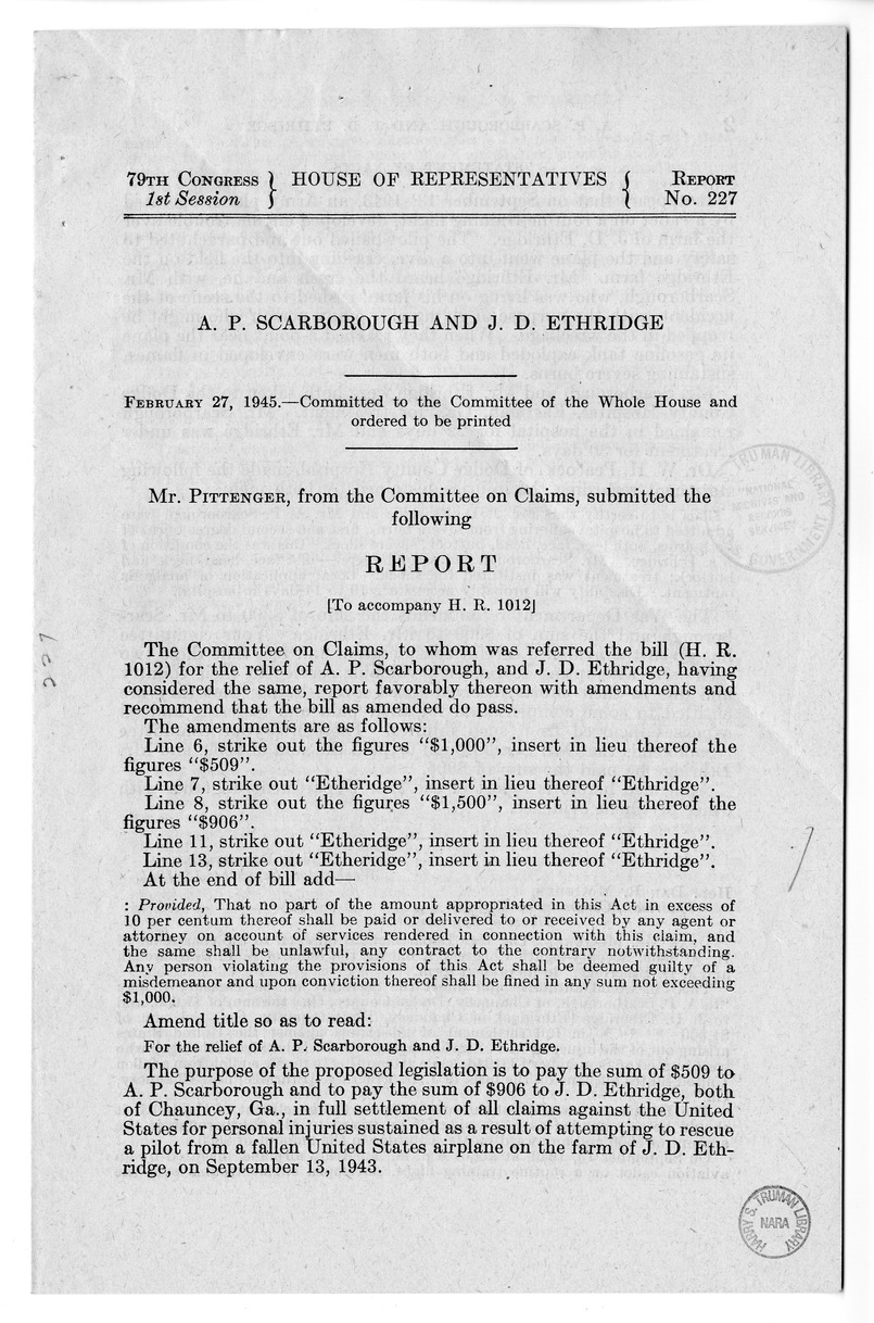 Memorandum from Frederick J. Bailey to M. C. Latta, H.R. 1012, For the Relief of A. P. Scarborough and J. D. Ethridge, with Attachments