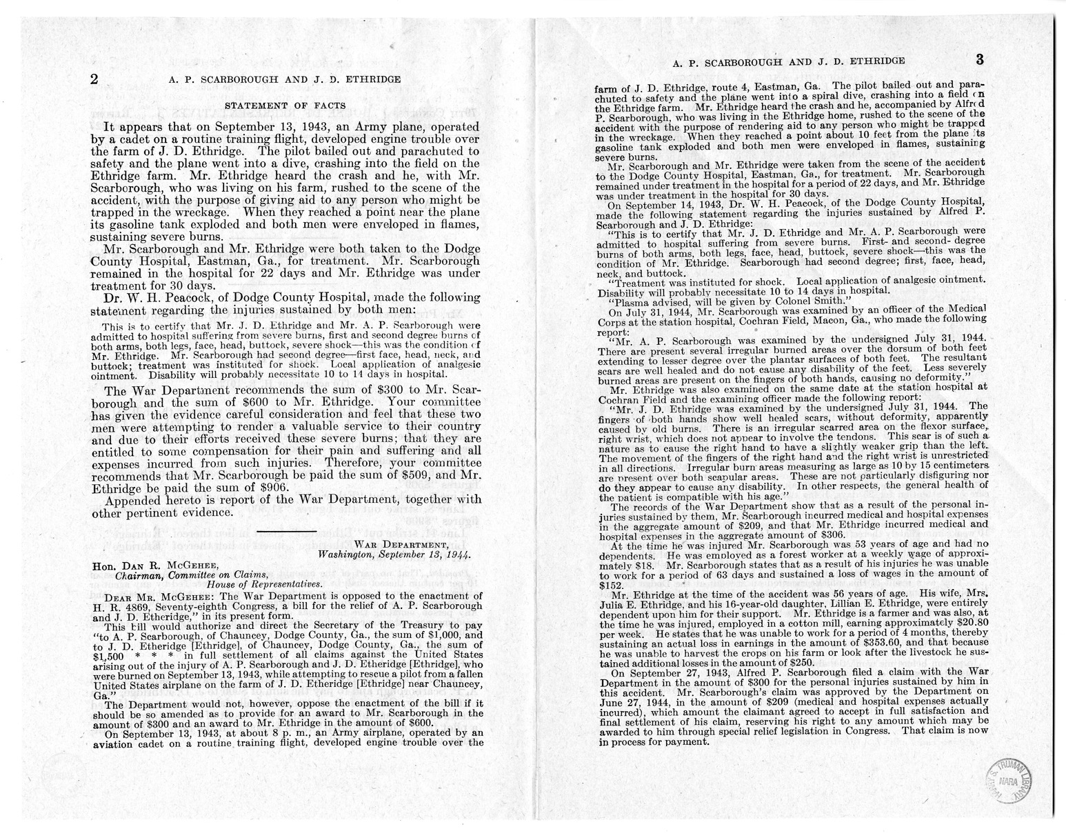 Memorandum from Frederick J. Bailey to M. C. Latta, H.R. 1012, For the Relief of A. P. Scarborough and J. D. Ethridge, with Attachments