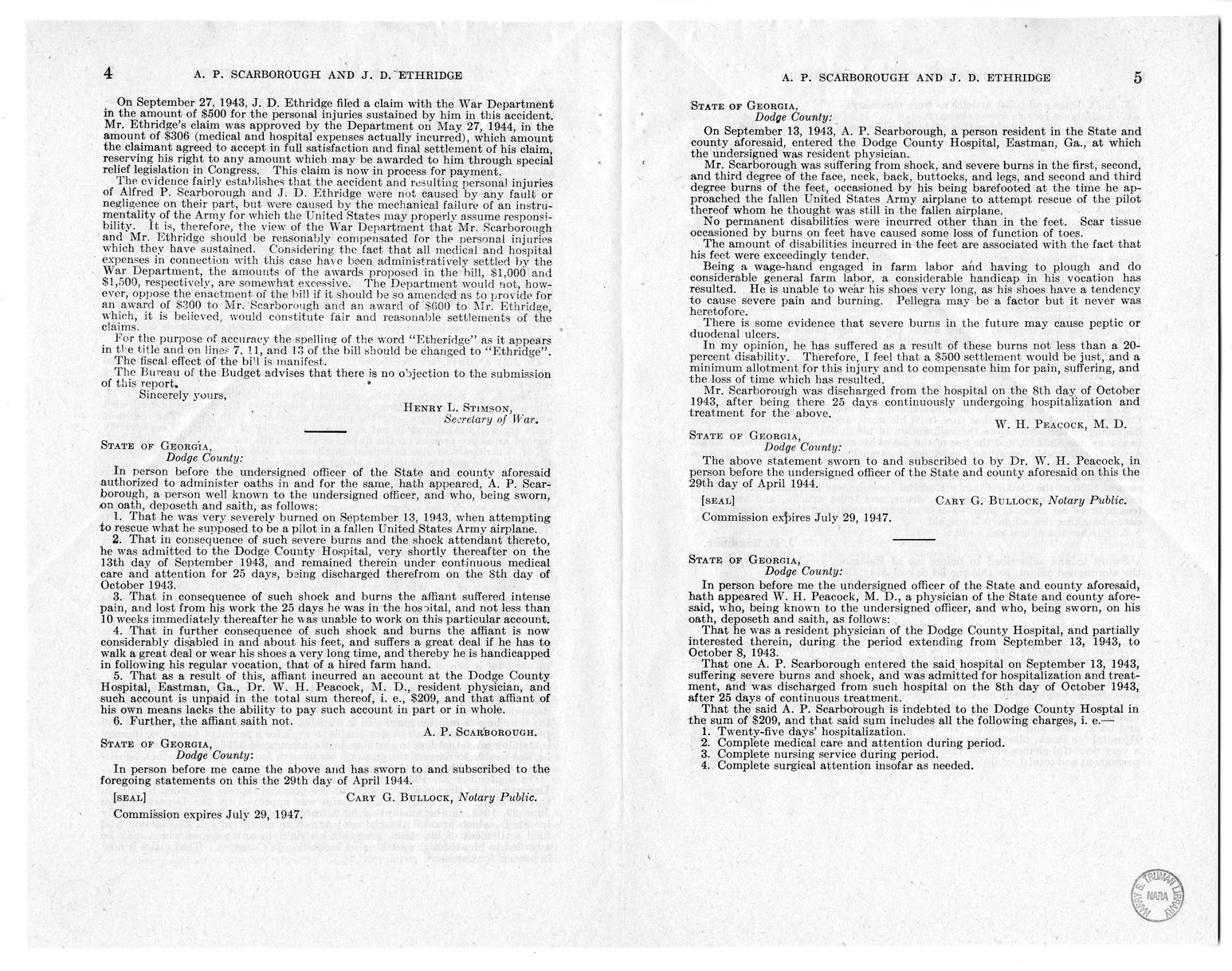 Memorandum from Frederick J. Bailey to M. C. Latta, H.R. 1012, For the Relief of A. P. Scarborough and J. D. Ethridge, with Attachments