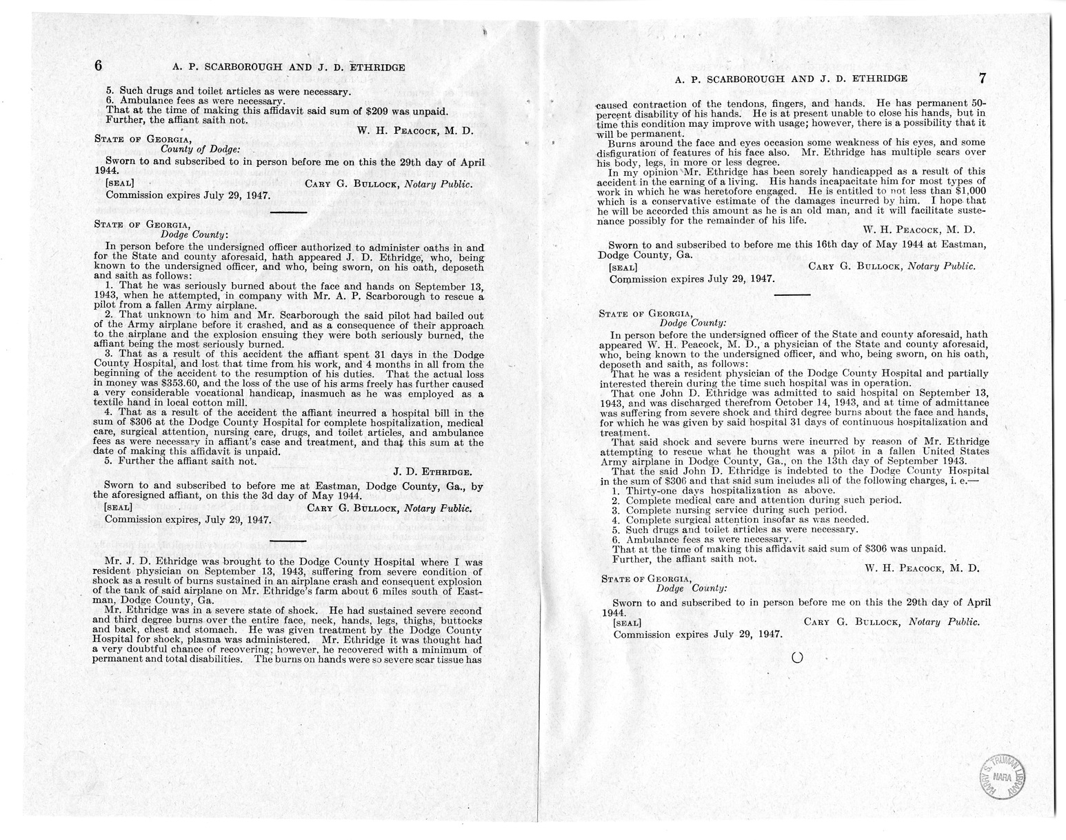 Memorandum from Frederick J. Bailey to M. C. Latta, H.R. 1012, For the Relief of A. P. Scarborough and J. D. Ethridge, with Attachments