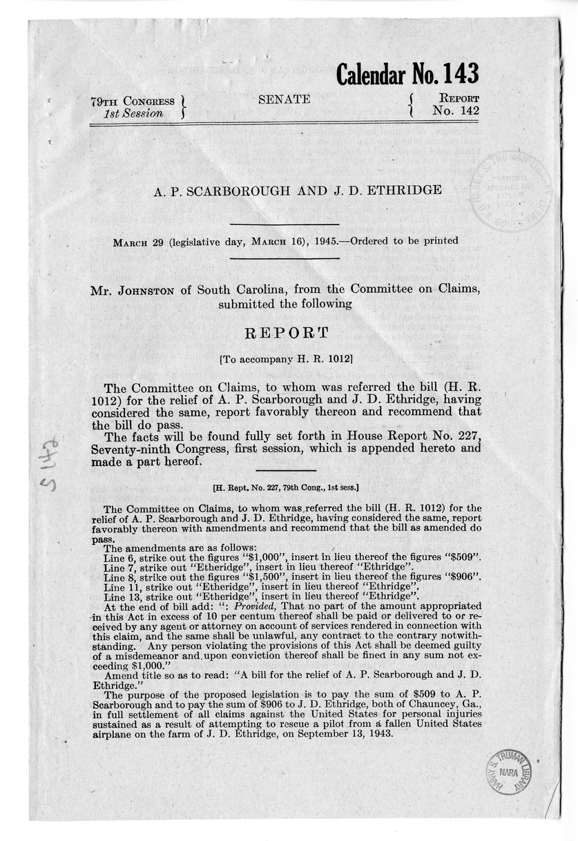 Memorandum from Frederick J. Bailey to M. C. Latta, H.R. 1012, For the Relief of A. P. Scarborough and J. D. Ethridge, with Attachments