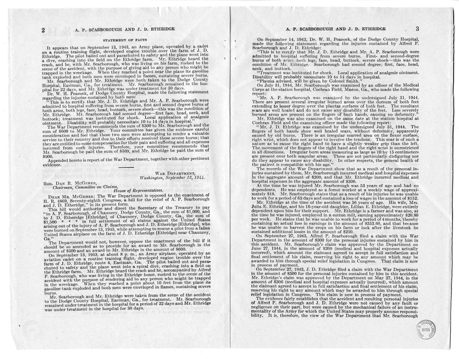 Memorandum from Frederick J. Bailey to M. C. Latta, H.R. 1012, For the Relief of A. P. Scarborough and J. D. Ethridge, with Attachments